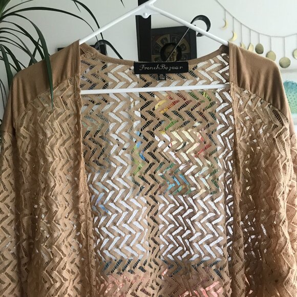 FRENCH BAZAAR size XXL Tan Open Weave Drape Front Topper Kimono Cardigan - Picture 2 of 5